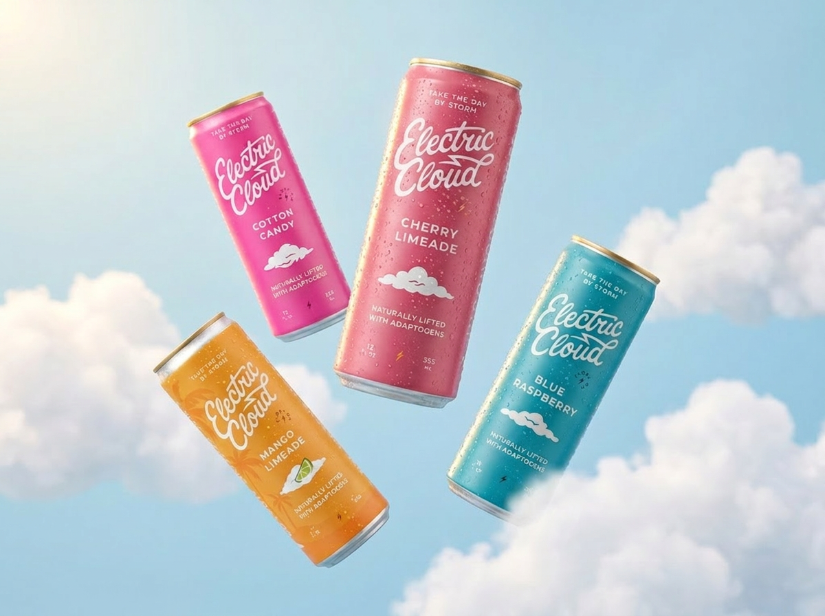 Electric Cloud Cherry Limeade flanked by Cotton Candy, Blue Raspberry, and Mango Limeade cans on a cherry-red backdrop with fresh cherries, lime wedges and ice